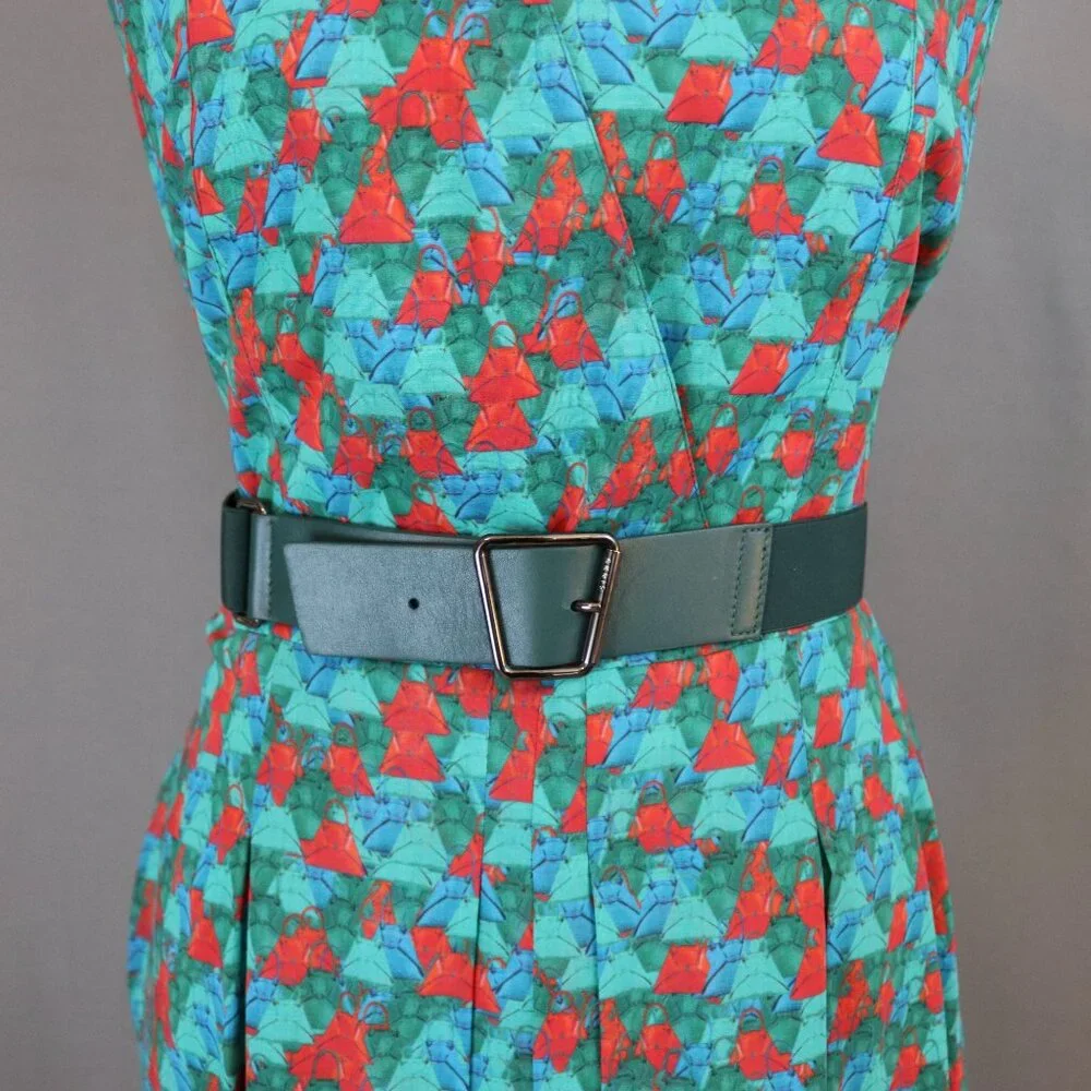 Akris Size 85 Green Leather and Elastic Belt with Trapezoid Buckle Sporty-Belt - Picture 9 of 15